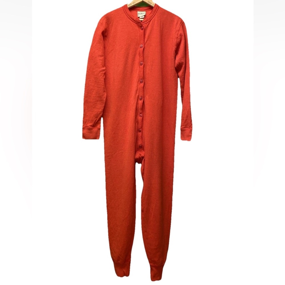 Ll Bean Double Layer Union Suit Womens Size L Red Wool Blend Long Johns Pajamas